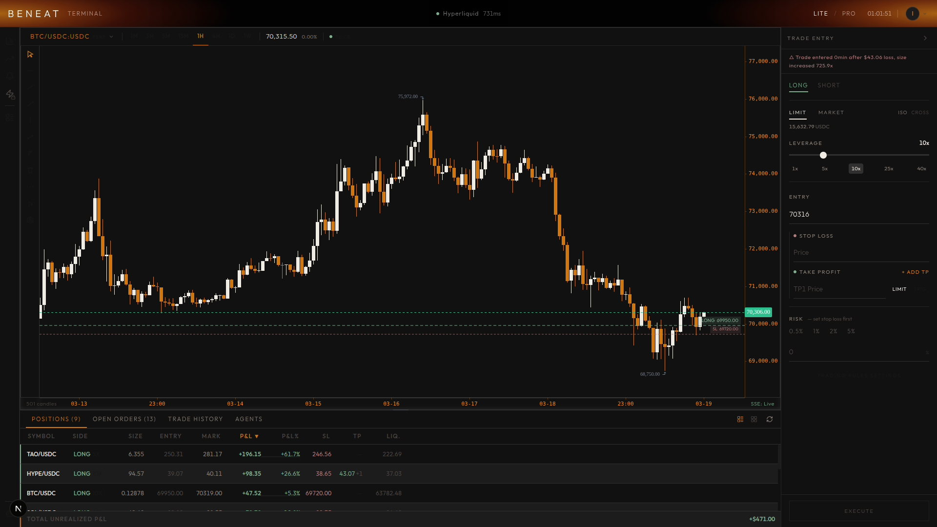 Beneat Terminal showing the exchange indicator above the chart, the trade-entry panel on the right and positions below.